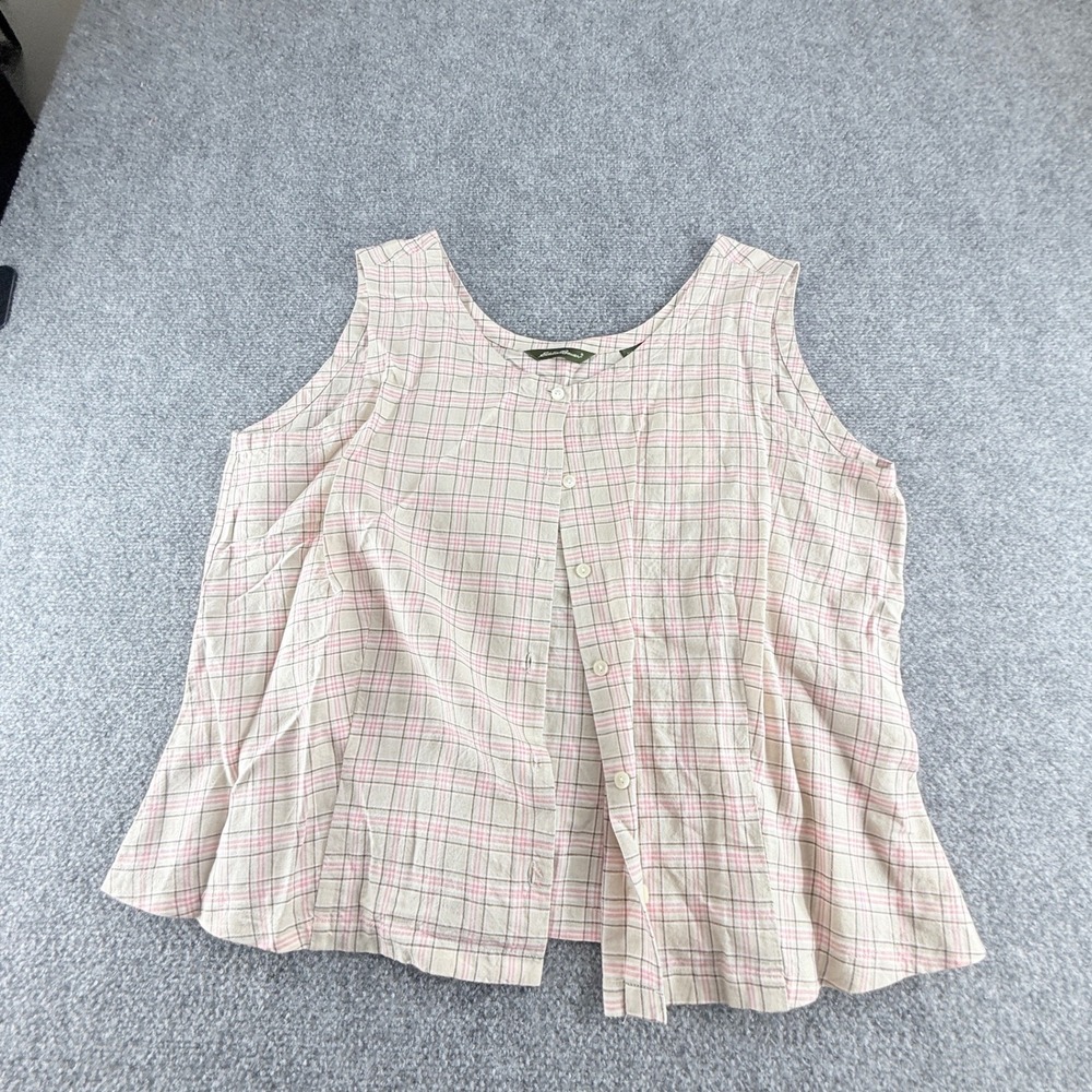 Eddie Bauer Womens XXL Pink Plaid Linen Cotton Blend Button Front Tank Top